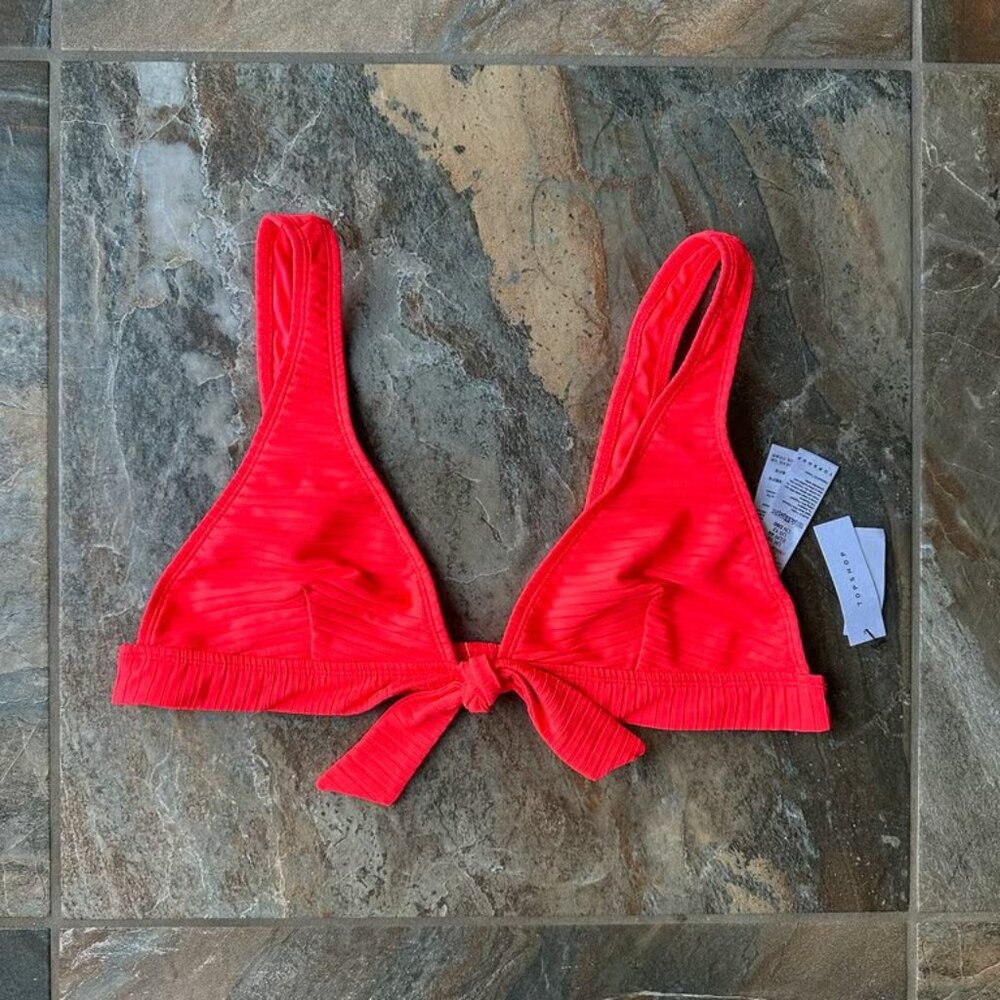 TOPSHOP Wide Rib Longline Bikini Top NWT Tie Front Size 12 Neon Coral